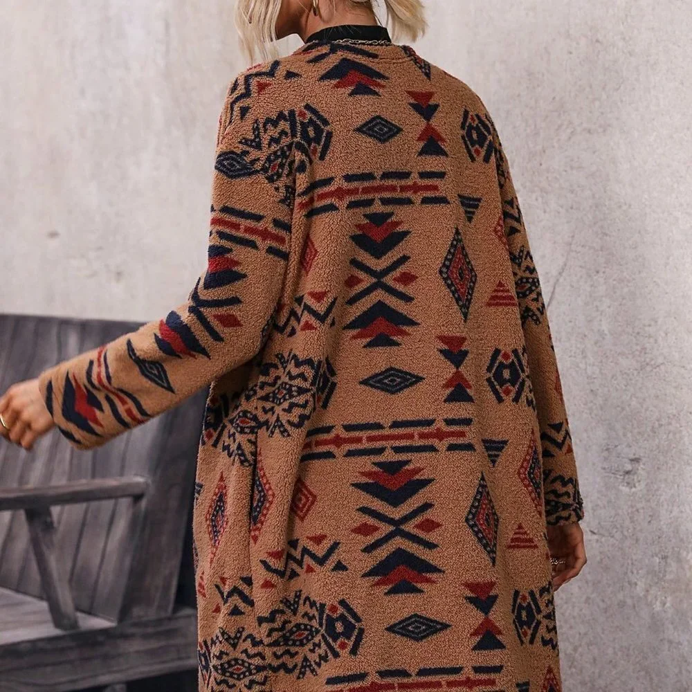Brown Preppy Womens Geo Print Drop Shoulder Open Front Coat - Picture 3 of 5